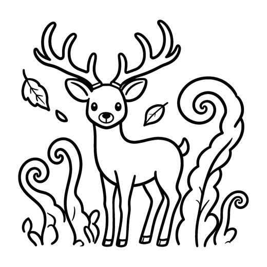 A deer with big branching antlers standing beside three big curling fern fronds drawn as simple smooth leaf sh
