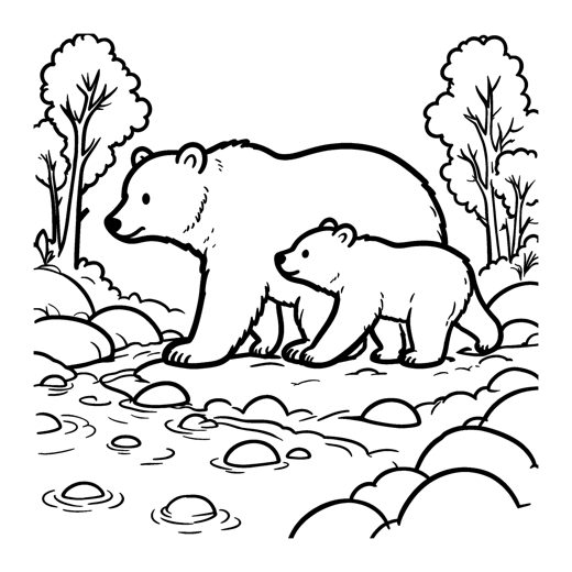 A mother bear and her cub walking along a stream with big round stones