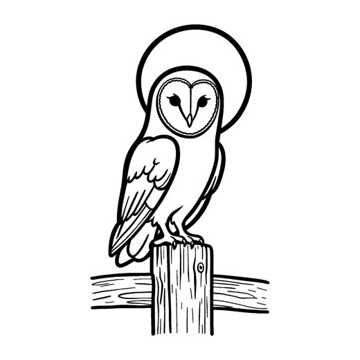 A barn owl perched on a wooden fence post with a big full moon behind it