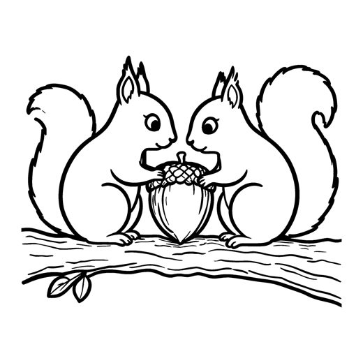 Two squirrels sitting face to face on a thick branch sharing one big acorn