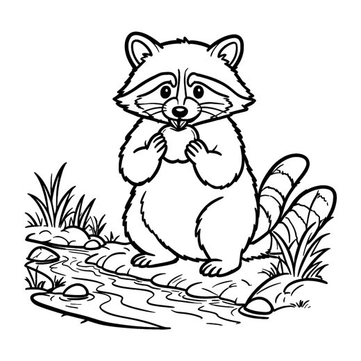 A raccoon at the edge of a small stream holding an apple in its paws