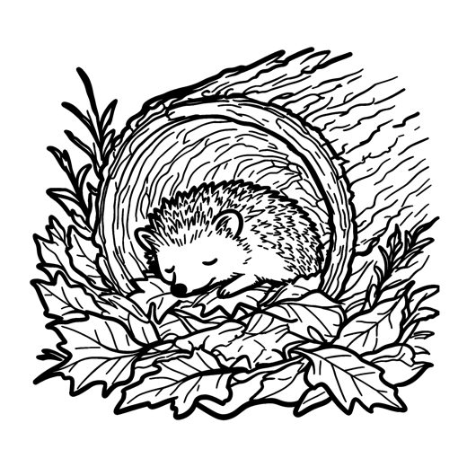 A hedgehog asleep in a pile of big leaves inside a hollow log