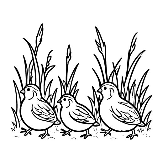 A family of three quail walking in a line under tall grass stems