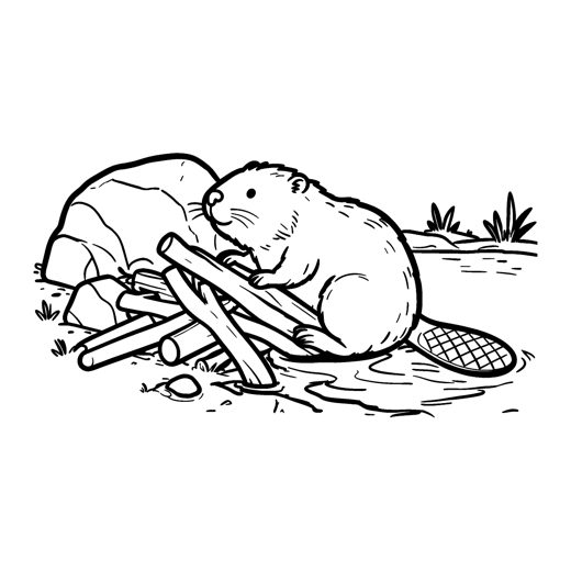 A beaver building a dam from big sticks at the edge of a pond