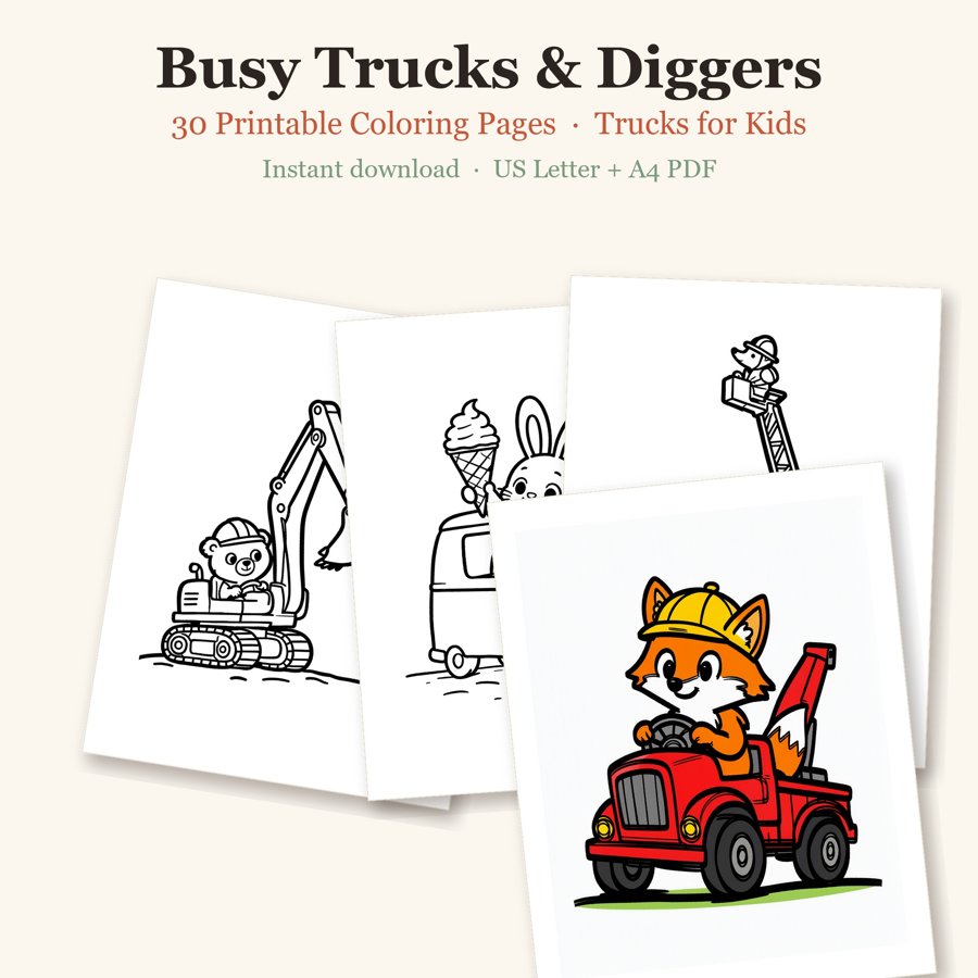 Busy Trucks & Diggers printable coloring pages