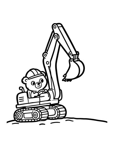A bear cub in a hard hat driving a digger with its big bucket raised up high