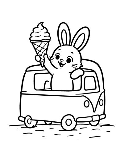 A bunny leaning out of an ice cream van window and holding up a big cone