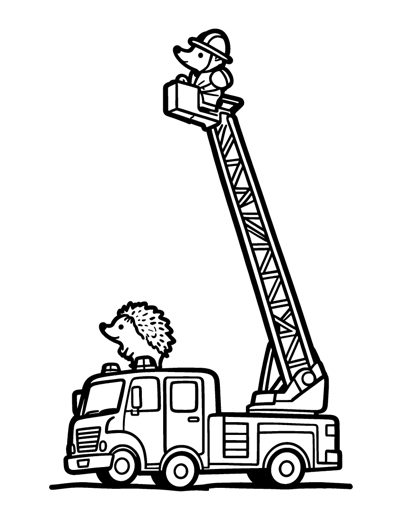 A hedgehog firefighter on a fire engine with its ladder raised up high