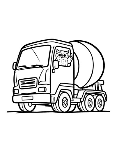 A cement mixer truck with an owl waving from the cab window