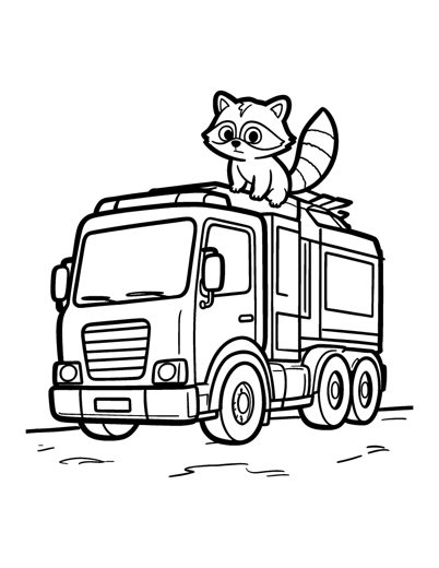 A garbage truck with a raccoon helper holding on at the back