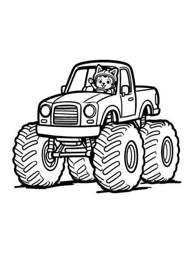 A big monster truck with four giant round wheels seen from the front at an angle
