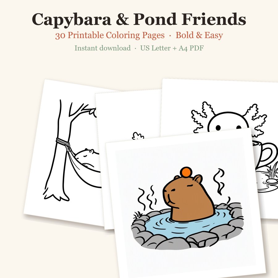 Capybara & Pond Friends printable coloring pages