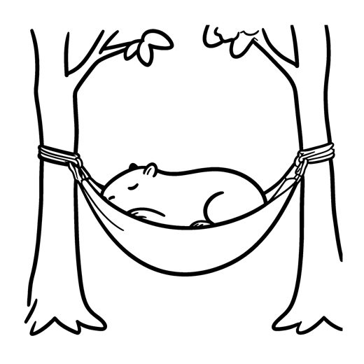 A calm round capybara asleep in a hammock tied between two plain smooth tree trunks