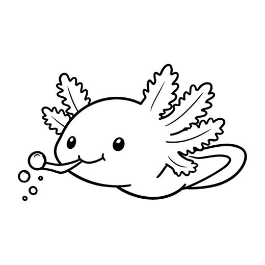 a cute axolotl with frilly gills blowing a string of round bubbles