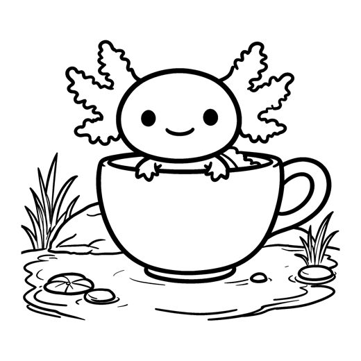a cute axolotl with frilly gills sitting in a big teacup on a pond bank