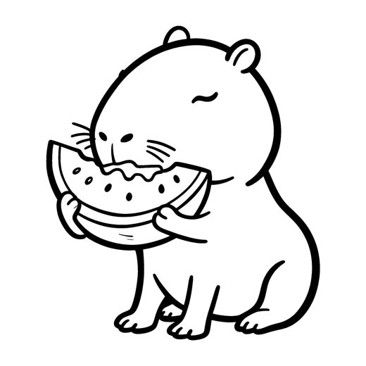 a calm round capybara eating a big slice of watermelon