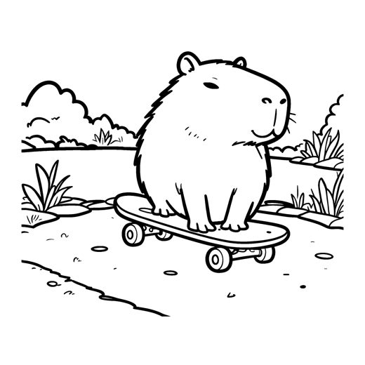 a calm round capybara riding a skateboard along a pond path