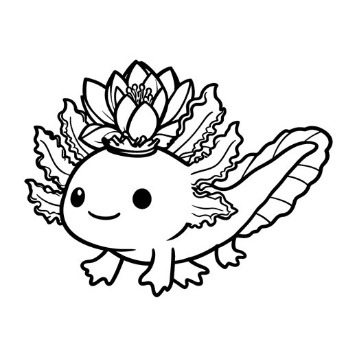 a cute axolotl with frilly gills wearing a crown of water lilies
