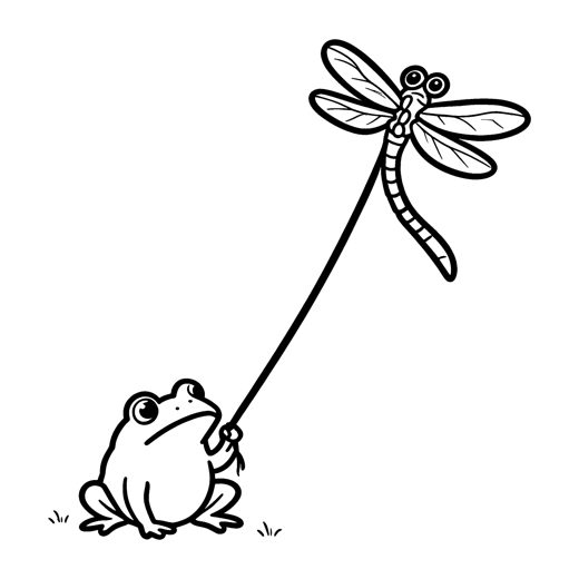 a little round frog holding the string of a dragonfly-shaped kite