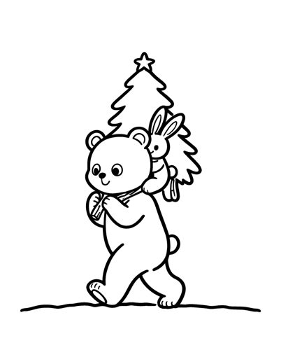 A bear cub and a bunny carrying a small fresh Christmas tree together on their shoulders through the snow