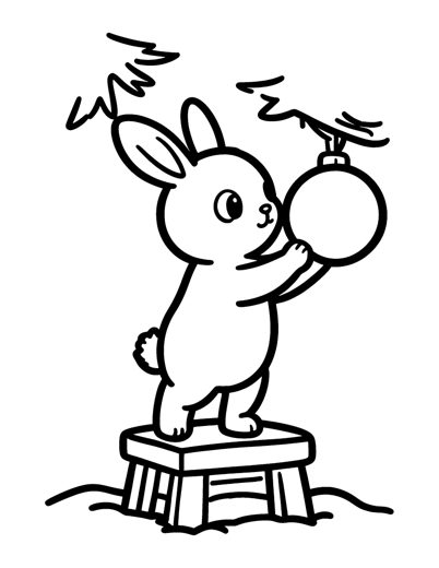 A bunny standing on a small stool and hanging one big round ornament on a Christmas tree branch