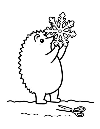 A hedgehog holding up a big paper snowflake it has just cut out