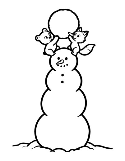 A bear cub lifting a big round snowball head onto a tall snowman's body while a fox cub hands it a carrot nose