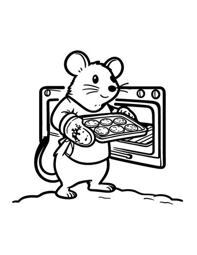 A little mouse in big oven mitts taking a tray of round cookies out of an oven