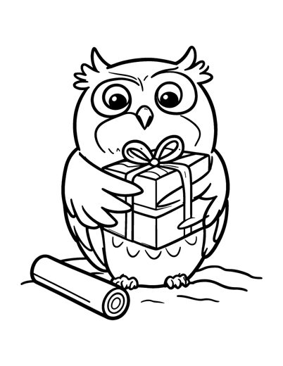 A round owl wrapping a big present with a ribbon