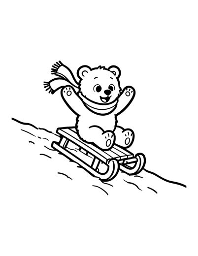 A bear cub riding a wooden sled down a snowy hill