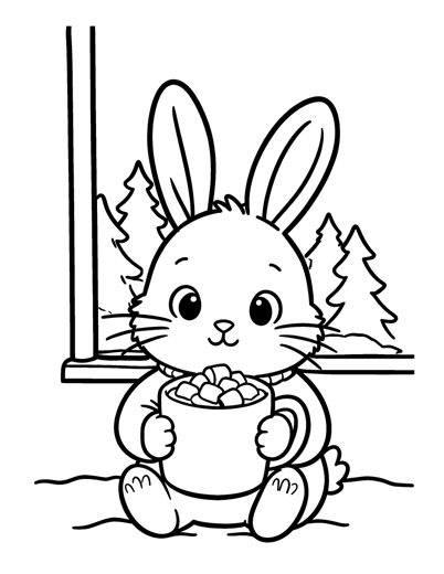 A bunny holding a big mug of hot cocoa with marshmallows