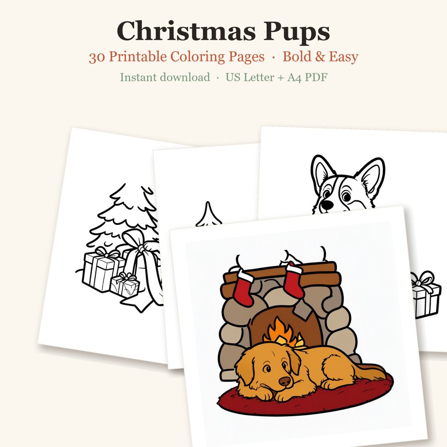 Christmas Pups printable coloring pages