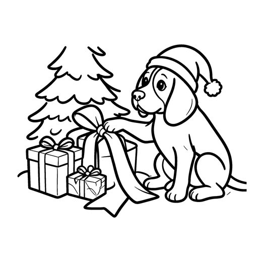 A beagle wearing a Santa hat sitting beside a pile of wrapped presents under the low branches of a Christmas t
