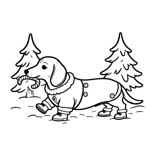 A long dachshund in a cozy winter coat with big buttons and four little snow boots