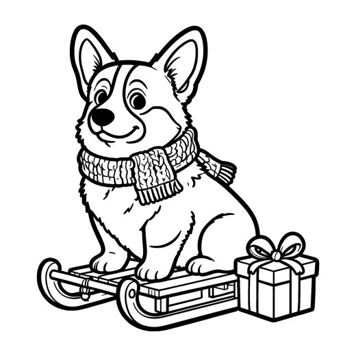 A corgi sitting in a small wooden sled with a big wrapped present beside it