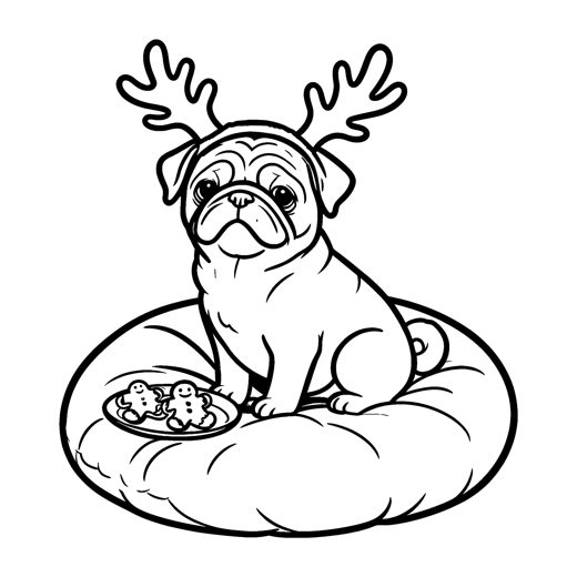 A pug wearing a reindeer antler headband sitting on a big round floor cushion