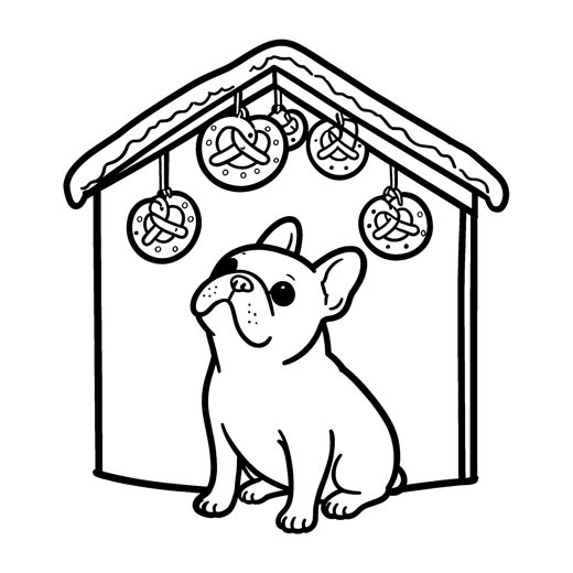 A French bulldog sitting in front of a Christmas market stall with a pointed snowy roof
