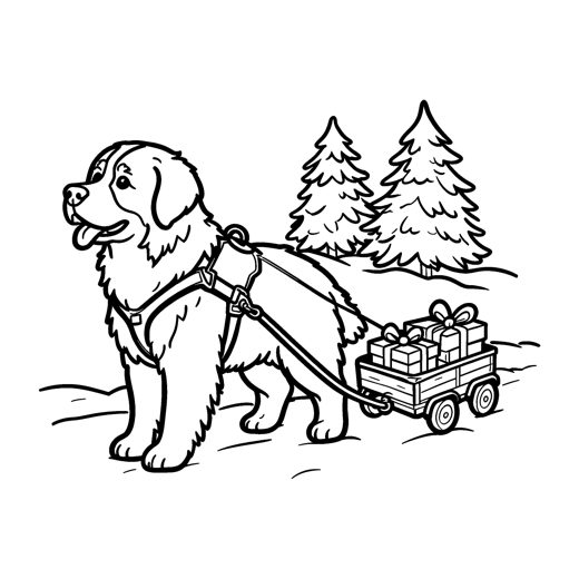 A Bernese mountain dog in a harness pulling a small wooden cart loaded with wrapped presents along a snowy lan