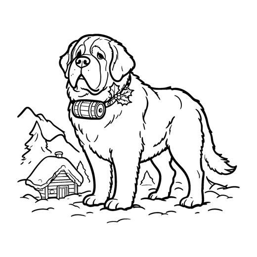 A Saint Bernard with a small round barrel on its collar and a sprig of holly tucked into the collar
