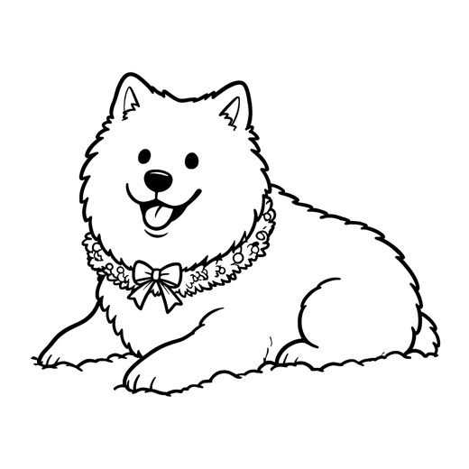 A Samoyed lying in the snow with a big happy smile and a Christmas wreath around its neck like a collar