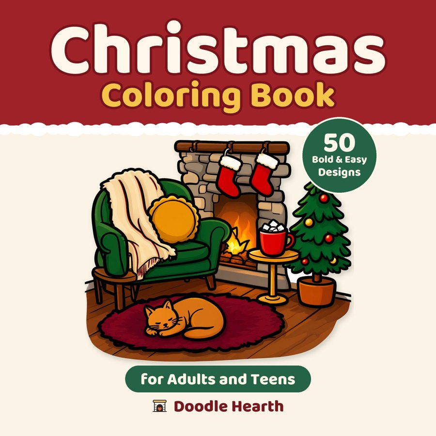Cozy Christmas Coloring Book cover: an armchair by a fireplace with stockings, a tree and a sleeping cat