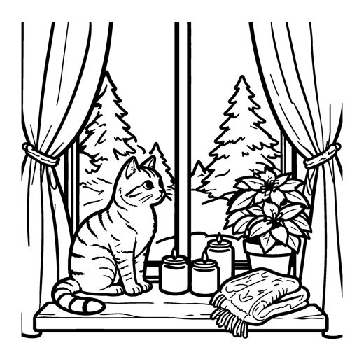 A tabby cat on a window sill looking at the snow