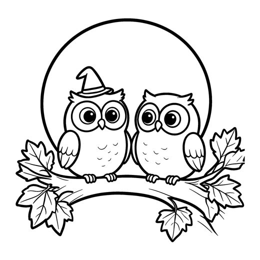 Two owls on a branch under the moon