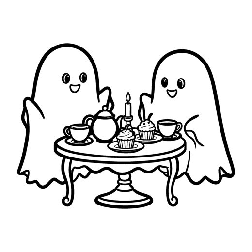 Two friendly ghosts having tea, a Halloween coloring page