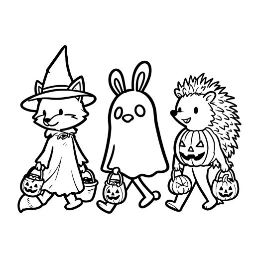 Animals trick-or-treating in costumes