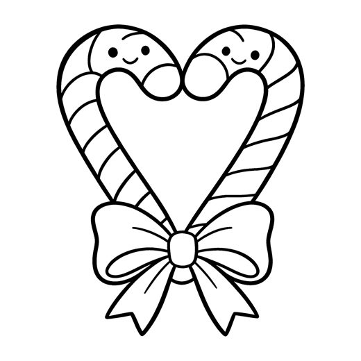 Two candy canes with wide stripes and cute faces with two round eyes and a small smile leaning together so the