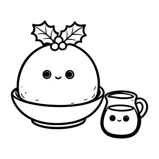 A round Christmas pudding with a cute face with two round eyes and a small smile sitting in a small bowl