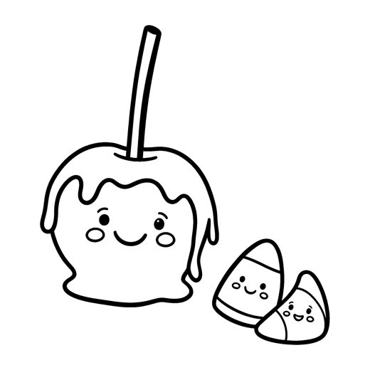 A caramel apple on a stick with a cute smiling face and wide smooth caramel drips