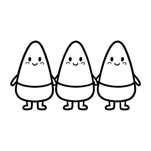 Three big candy corn pieces with cute smiling faces standing side by side