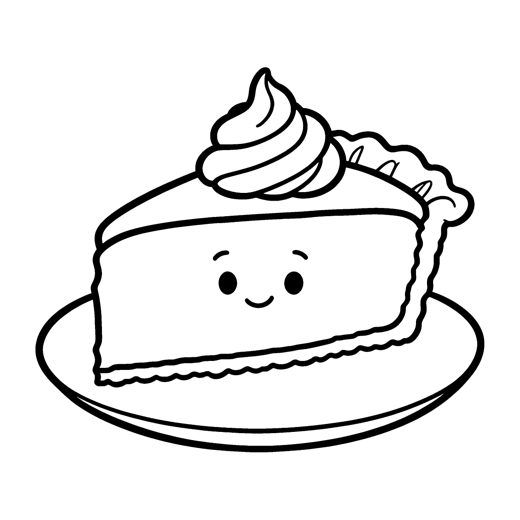 A big slice of pumpkin pie with a cute smiling face and a swirl of whipped cream on top
